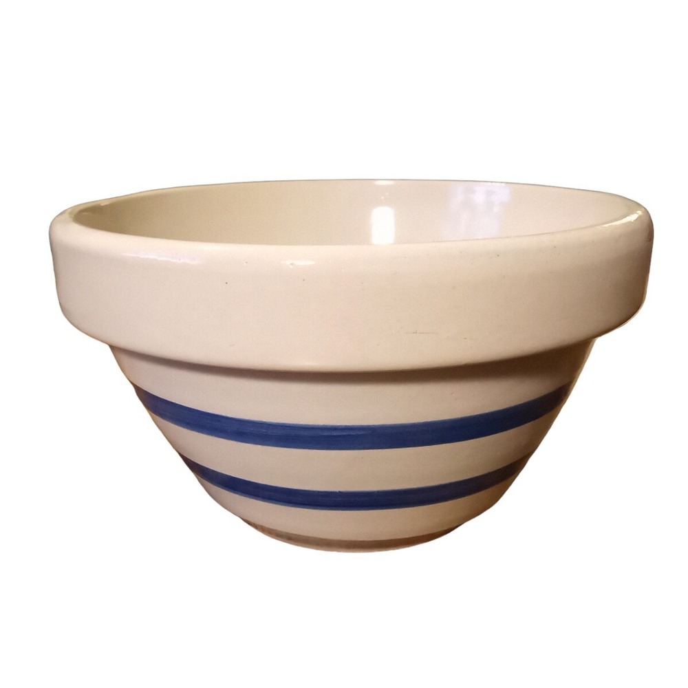 Vintage RRP Co. Roseville Ohio Beige Blue Band 8"wx4.5"t Mixing Bowl Stoneware